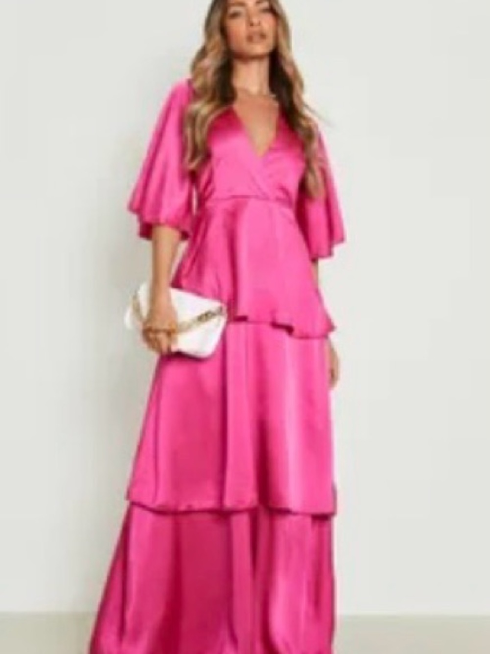 Satin Tiered Maxi Dress With Angel Sleeve